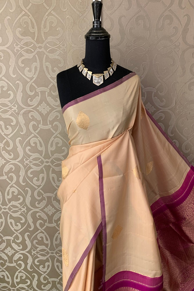 Cream Kanjeevaram Silk Saree With Blouse