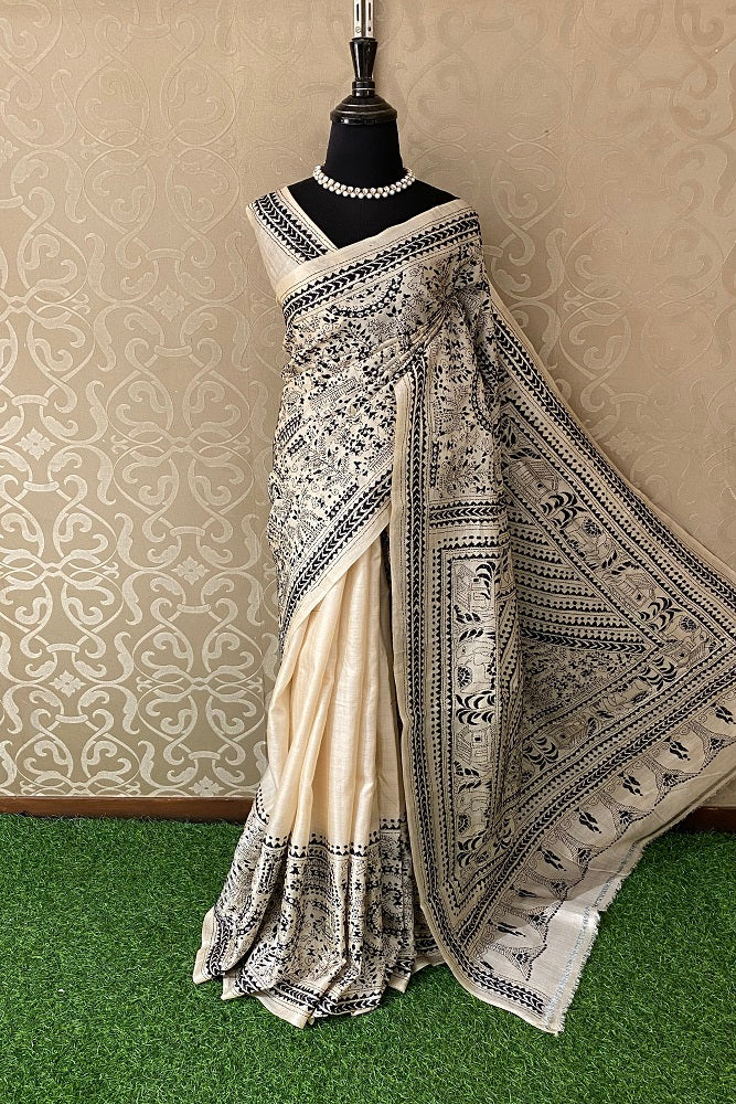 Offwhite Black Pure Tussar Bengal Kantha Stitch Saree, With Blouse.