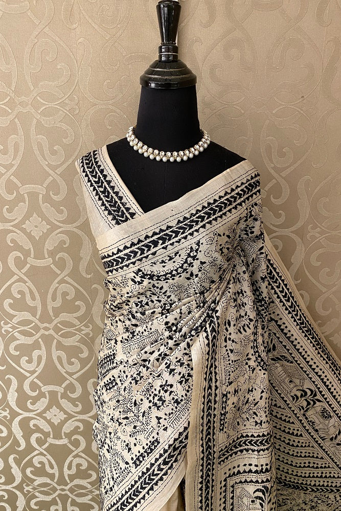 Offwhite Black Pure Tussar Bengal Kantha Stitch Saree, With Blouse.