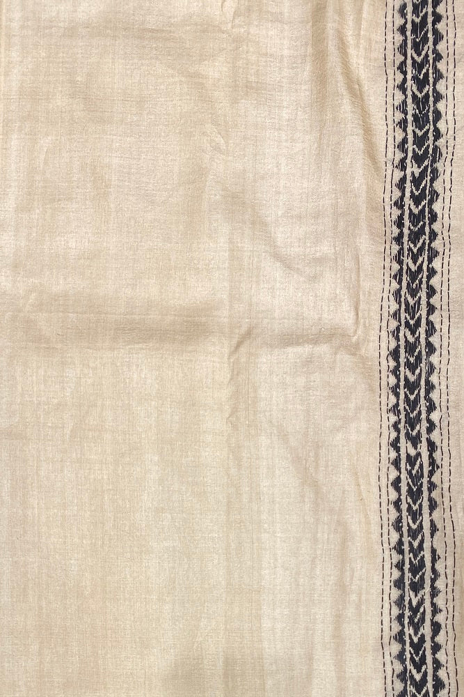 Offwhite Black Pure Tussar Bengal Kantha Stitch Saree, With Blouse.