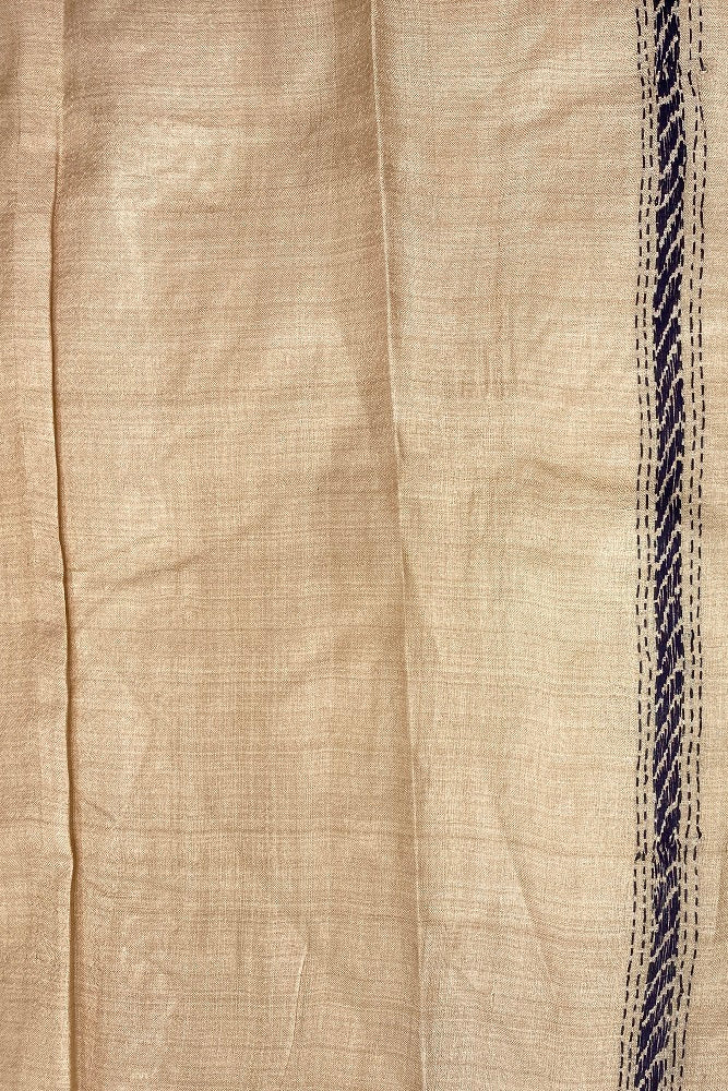 Offwhite Blue Pure Tussar Bengal Kantha Stitch Saree, With Blouse.