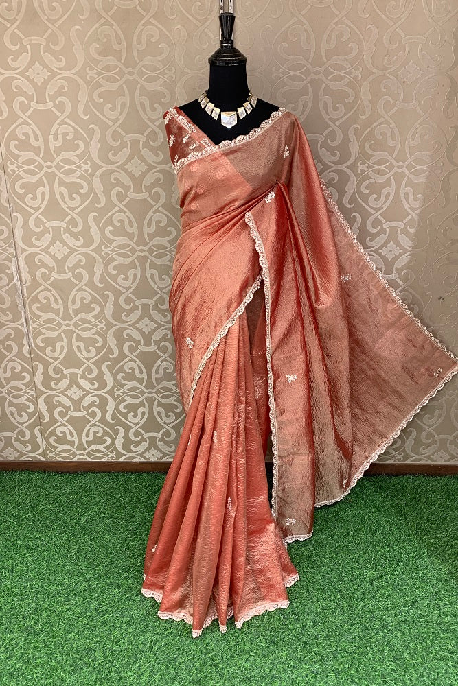 Copper Gold Crush Tissue Saree With Embroidery