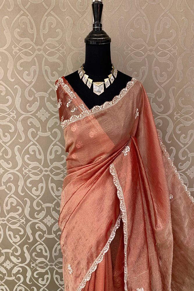Copper Gold Crush Tissue Saree With Embroidery