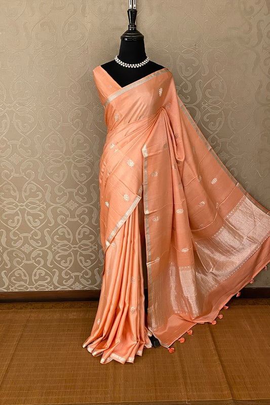 Peach Mashru Silk Banarasi Kadwa Handloom Saree, With Blouse