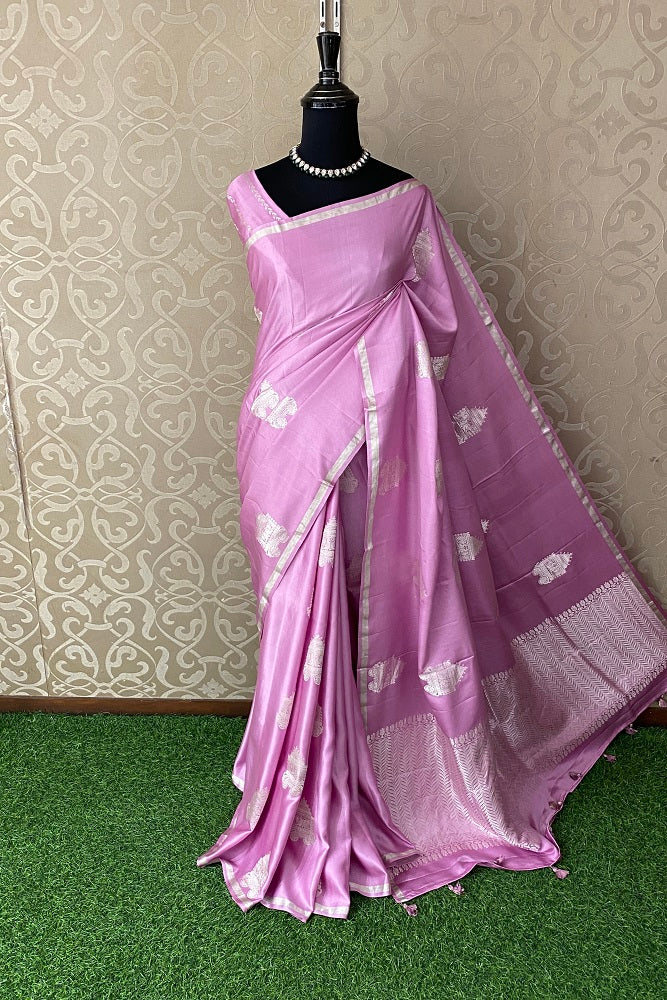 Mauve Mashru Silk Banarasi Kadwa Handloom Saree, With Blouse