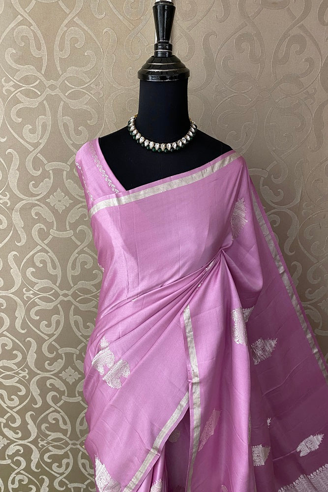 Mauve Mashru Silk Banarasi Kadwa Handloom Saree, With Blouse