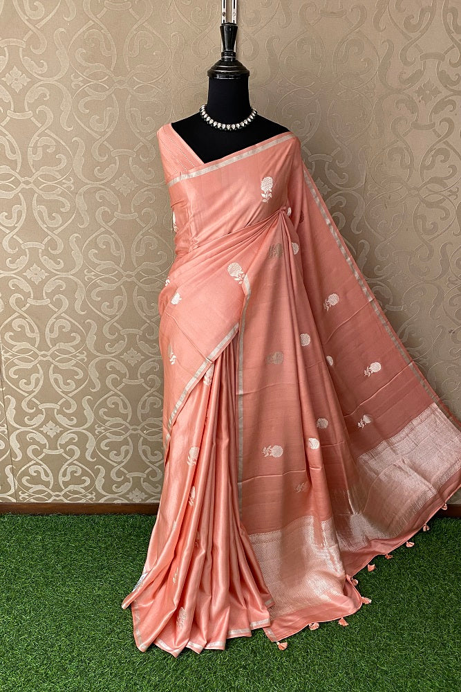 Peach Mashru Silk Banarasi Kadwa Handloom Saree, With Blouse