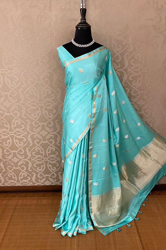 Firozi Mashru Silk Banarasi Kadwa Handloom Saree, With Blouse