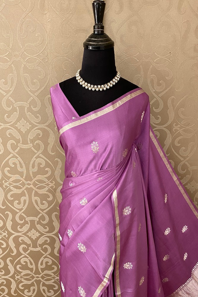 Mauve Mashru Silk Banarasi Kadwa Handloom Saree, With Blouse