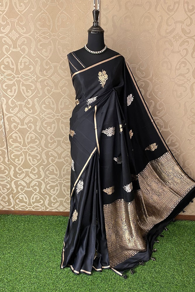 Black Mashru Silk Banarasi Kadwa Handloom Saree, With Blouse