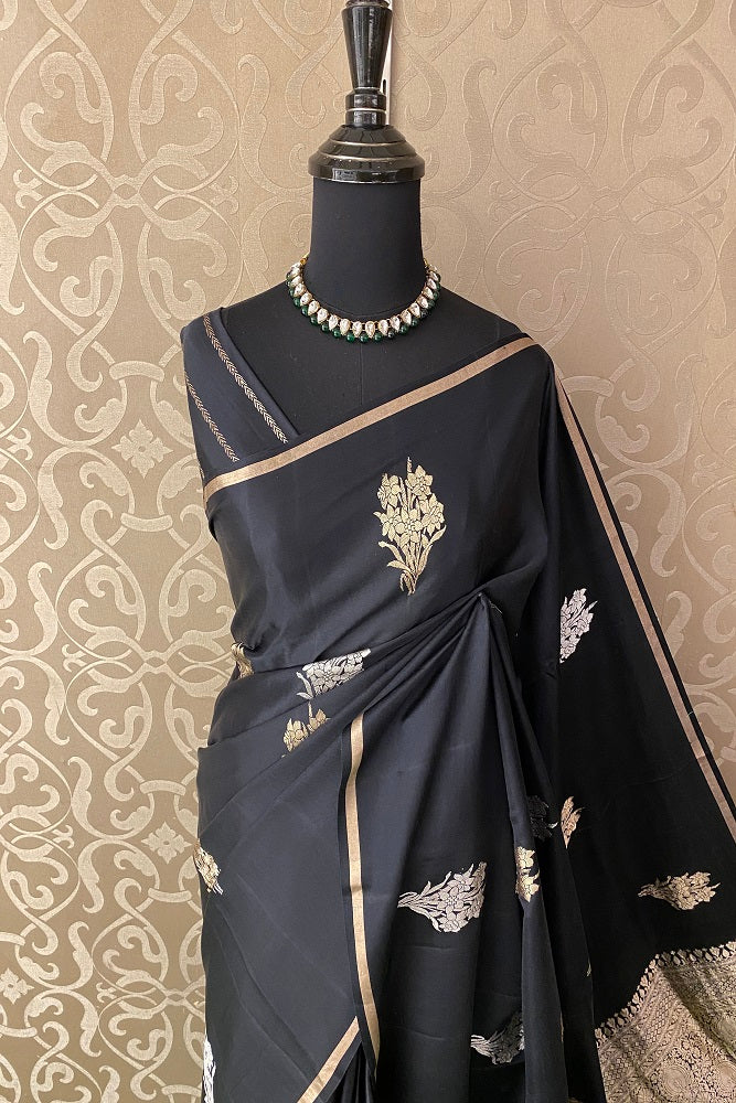 Black Mashru Silk Banarasi Kadwa Handloom Saree, With Blouse