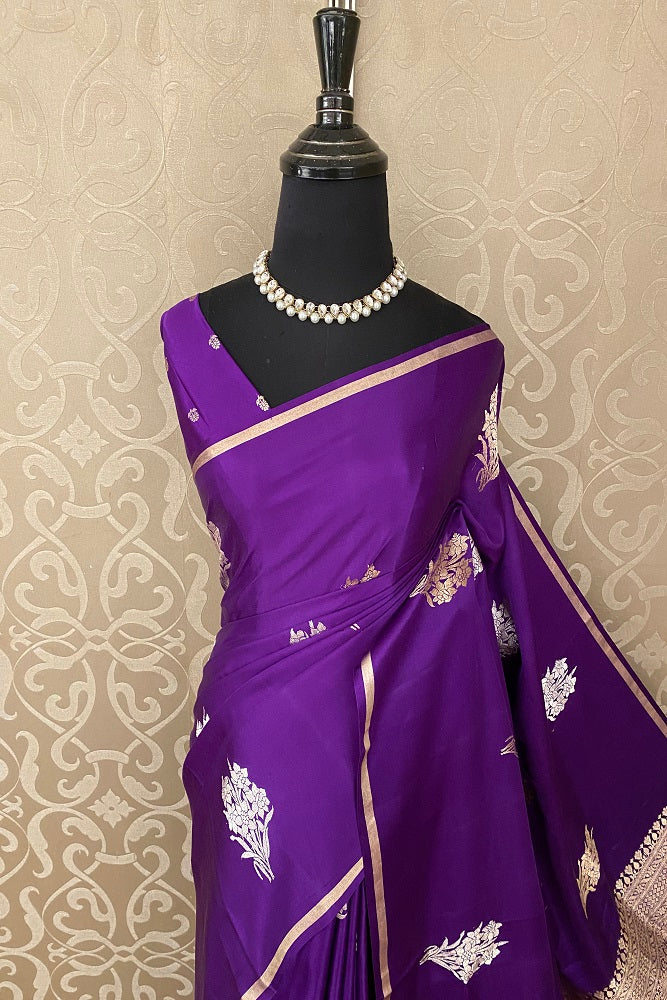 Purple Mashru Silk Banarasi Kadwa Handloom Saree, With Blouse
