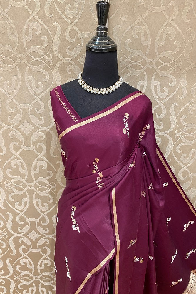 Wine Mashru Silk Banarasi Kadwa Handloom Saree, With Blouse