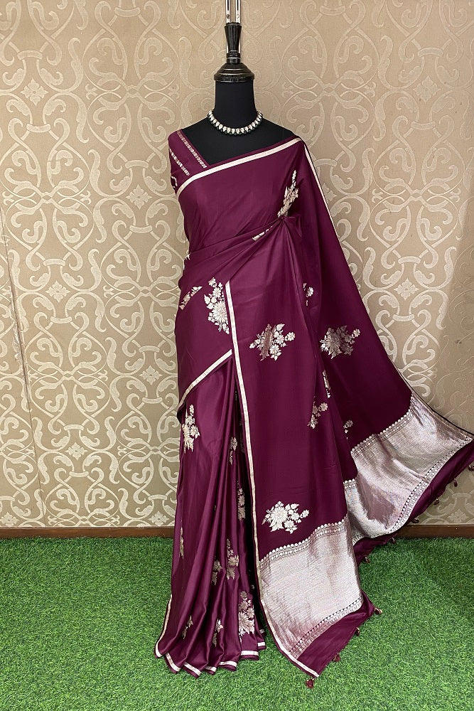 Wine Mashru Silk Banarasi Kadwa Handloom Saree, With Blouse