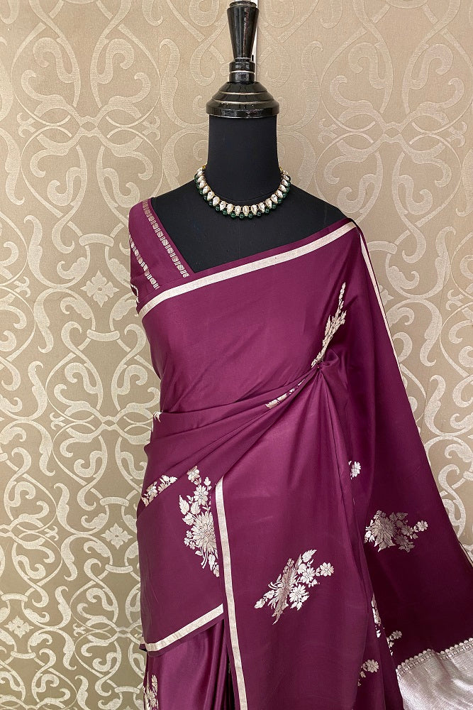 Wine Mashru Silk Banarasi Kadwa Handloom Saree, With Blouse