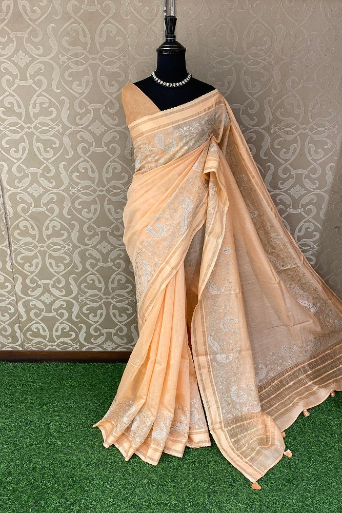 Light Peach MulMul Applique Work Saree,With Blouse Piece