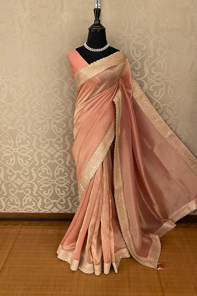 Peach Gold Tissue Saree Embroidery Border, With Blouse