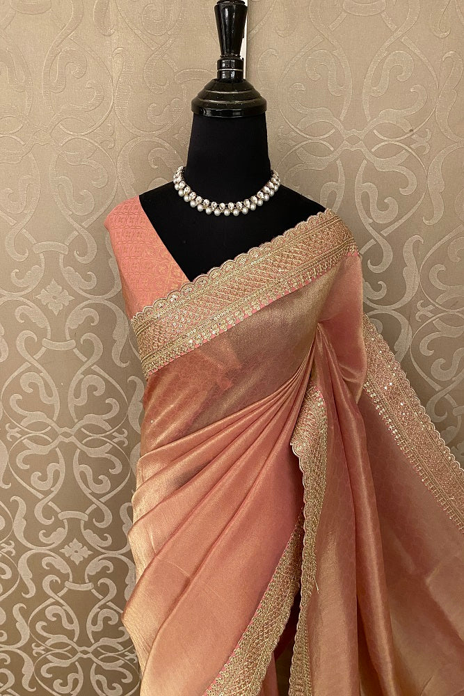 Peach Gold Tissue Saree Embroidery Border, With Blouse