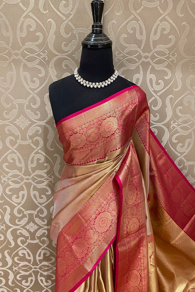 Gold & Pink Pure Kanjeevaram Silk Saree, With Blouse
