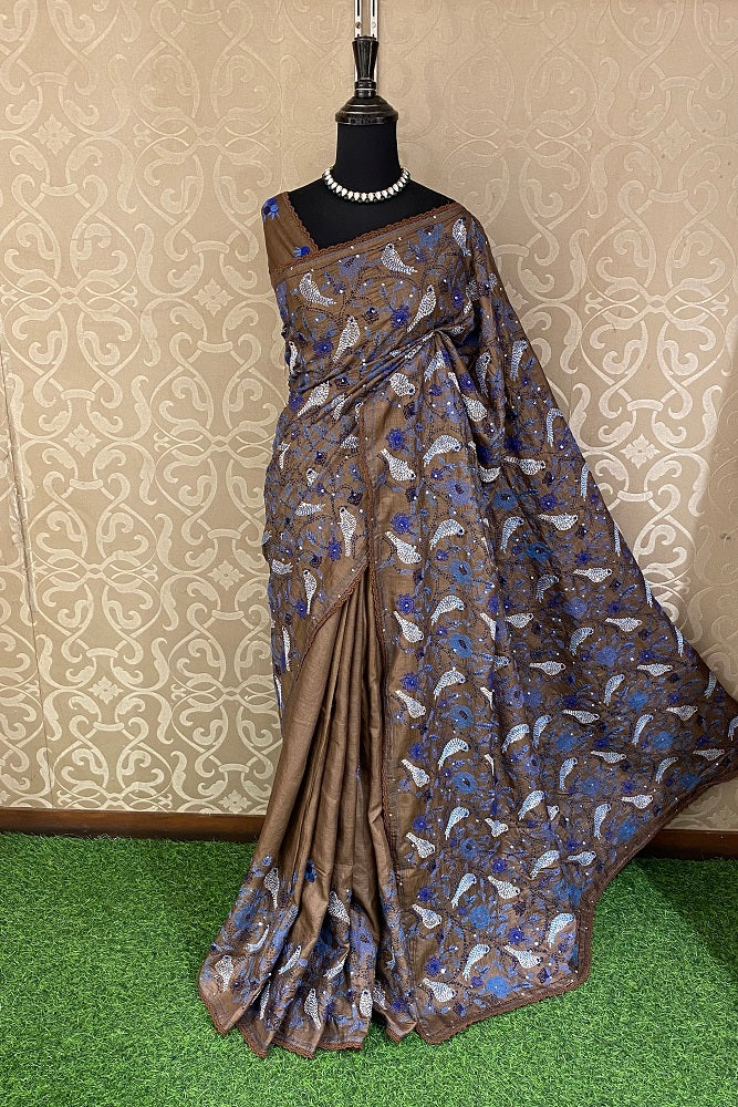 Brown Pure Tussar Bengal Kantha Stitch Saree, With Blouse.