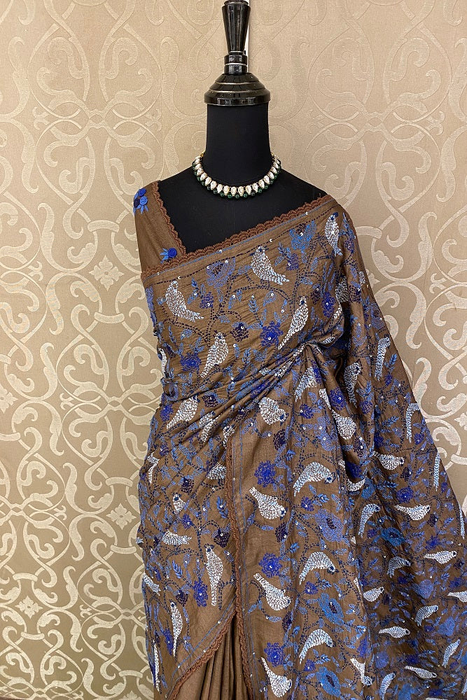 Brown Pure Tussar Bengal Kantha Stitch Saree, With Blouse.
