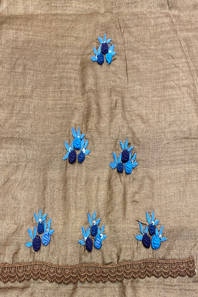 Brown Pure Tussar Bengal Kantha Stitch Saree, With Blouse.