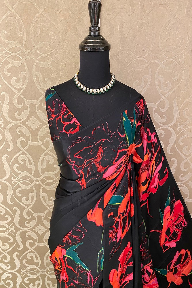 Black Red Floral Printed Satin Silk Saree,With Blouse Piece