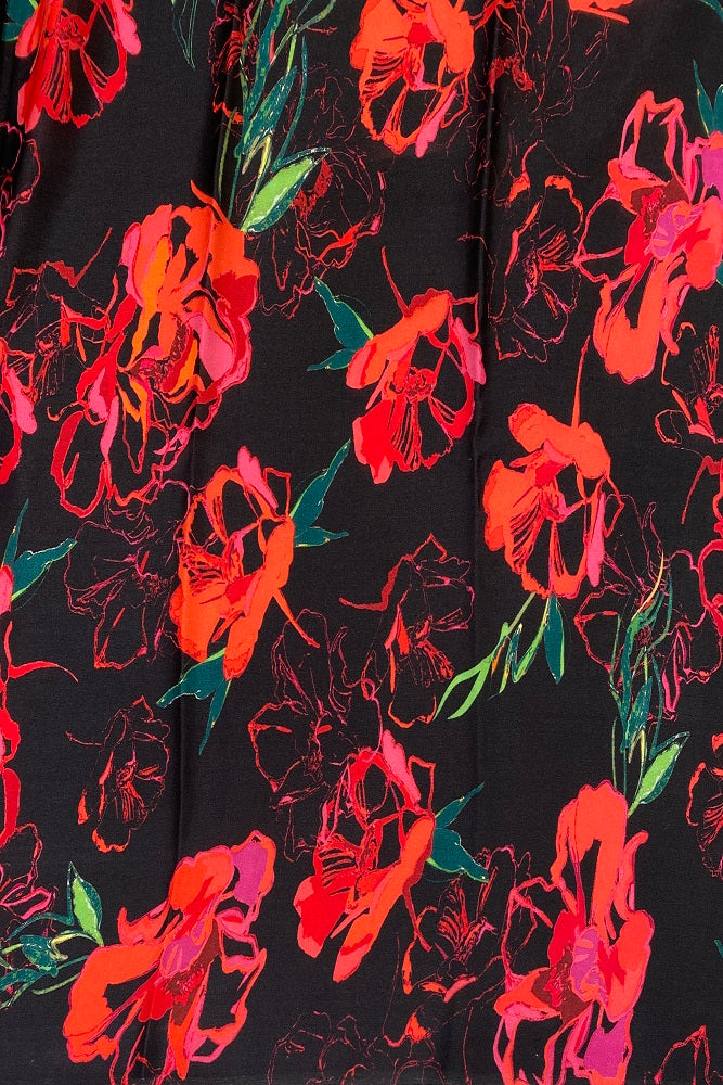 Black Red Floral Printed Satin Silk Saree,With Blouse Piece