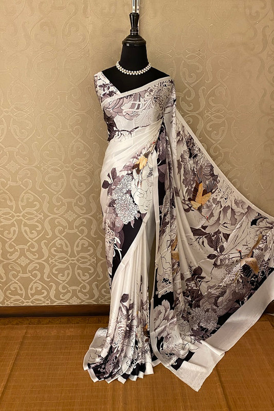 Ash & Multi Floral Printed Satin Silk Saree,With Blouse Piece