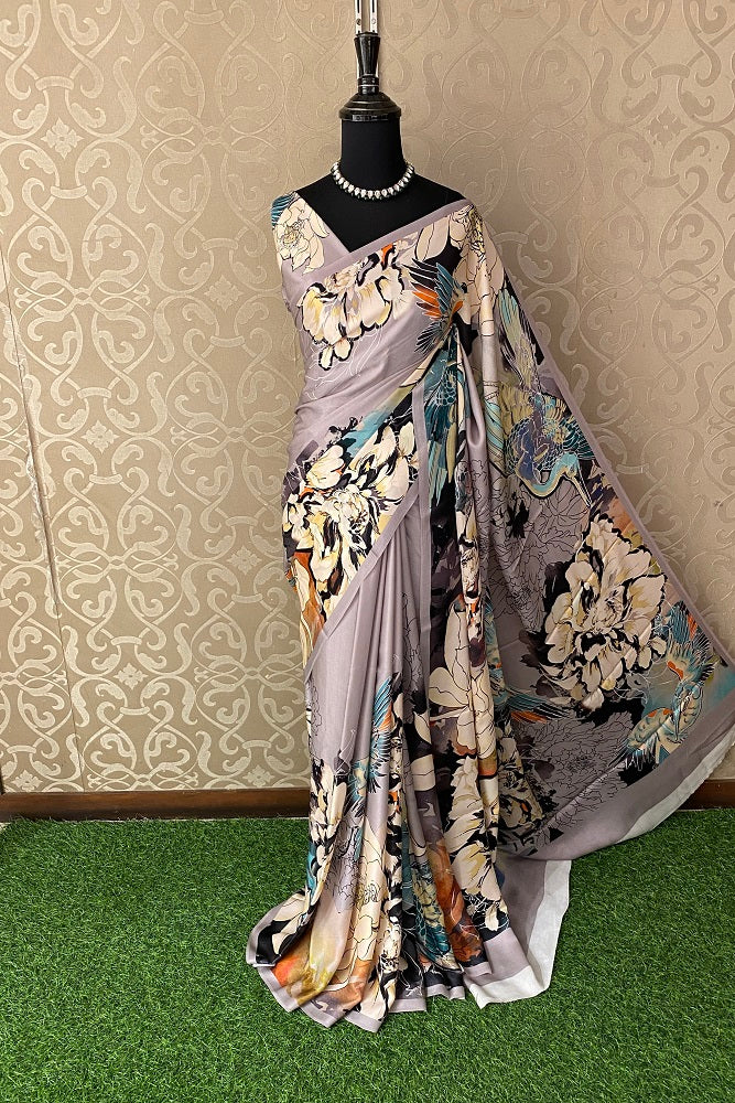Grey & Multi Floral Printed Satin Silk Saree,With Blouse Piece