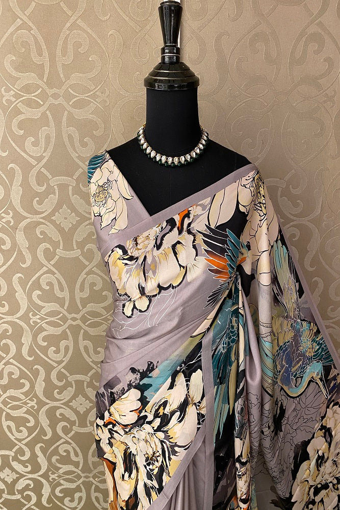 Grey & Multi Floral Printed Satin Silk Saree,With Blouse Piece