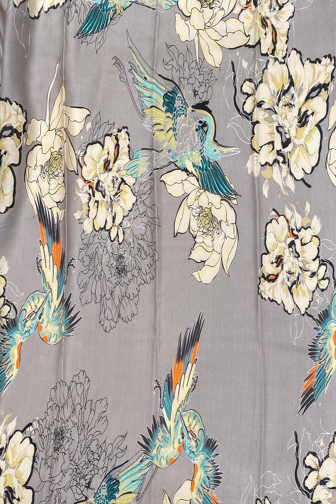 Grey & Multi Floral Printed Satin Silk Saree,With Blouse Piece
