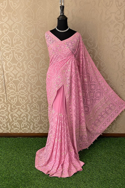 Pink Georgette Saree Chikankari Embroidery Zardoji Work, Unstitched Blouse
