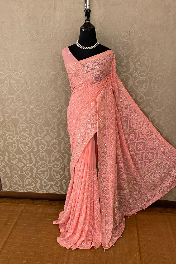 Peach Georgette Saree Chikankari Embroidery Zardoji Work, Unstitched Blouse