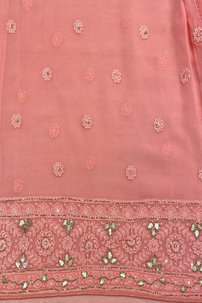 Peach Georgette Saree Chikankari Embroidery Zardoji Work, Unstitched Blouse