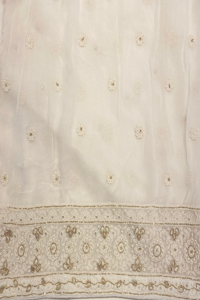 Offwhite Georgette Saree Chikankari Embroidery Zardoji Work, Unstitched Blouse