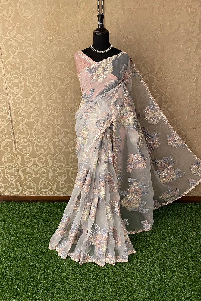 Grey Pink Organza Silk Hand Embroidery, Party Wear Saree, With Blouse.