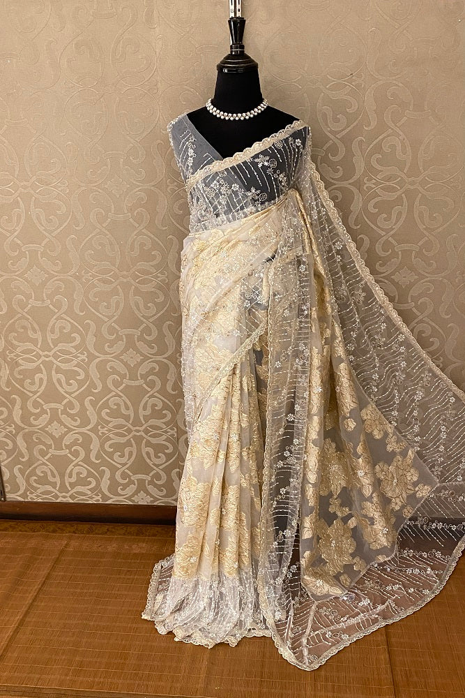 Gold Organza Silk Hand Embroidery, Party Wear Saree, With Blouse.