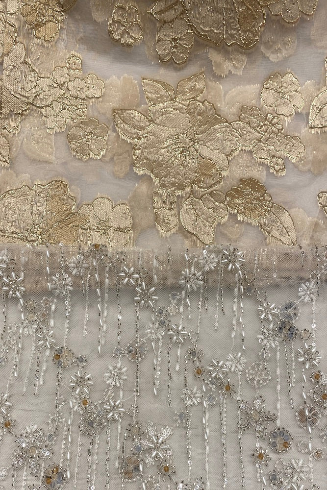 Gold Organza Silk Hand Embroidery, Party Wear Saree, With Blouse.