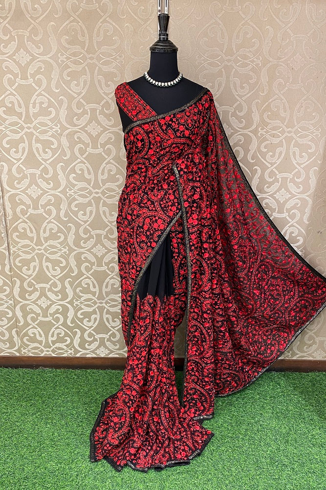 Black Red Georgette Kashmiri Work, Party Wear Saree, With Blouse.