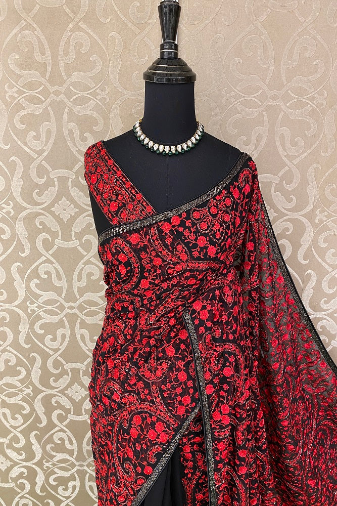 Black Red Georgette Kashmiri Work, Party Wear Saree, With Blouse.