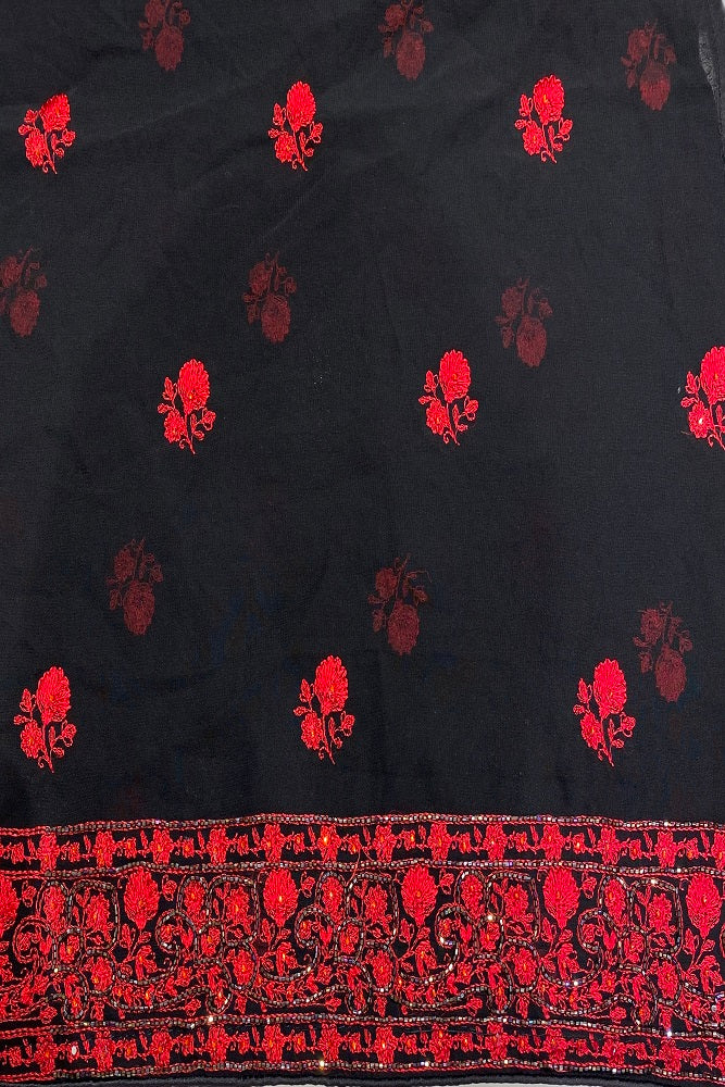 Black Red Georgette Kashmiri Work, Party Wear Saree, With Blouse.