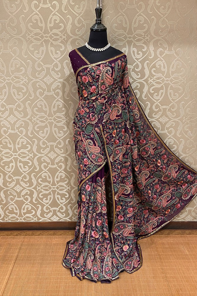 Purple Georgette Kashmiri Work, Party Wear Saree, With Blouse.