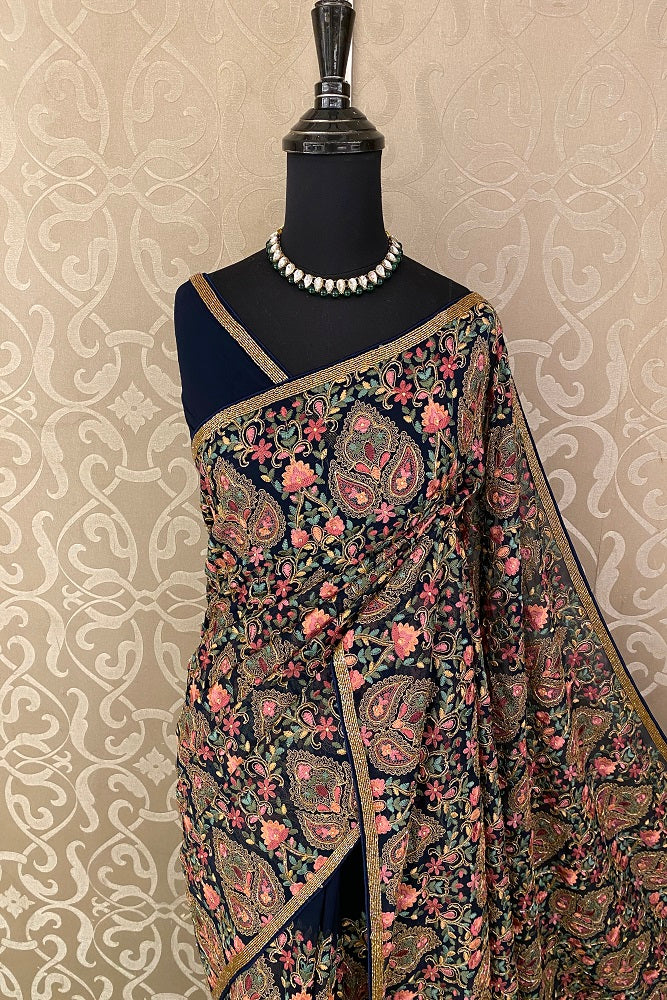 Blue Georgette Kashmiri Work, Party Wear Saree, With Blouse.