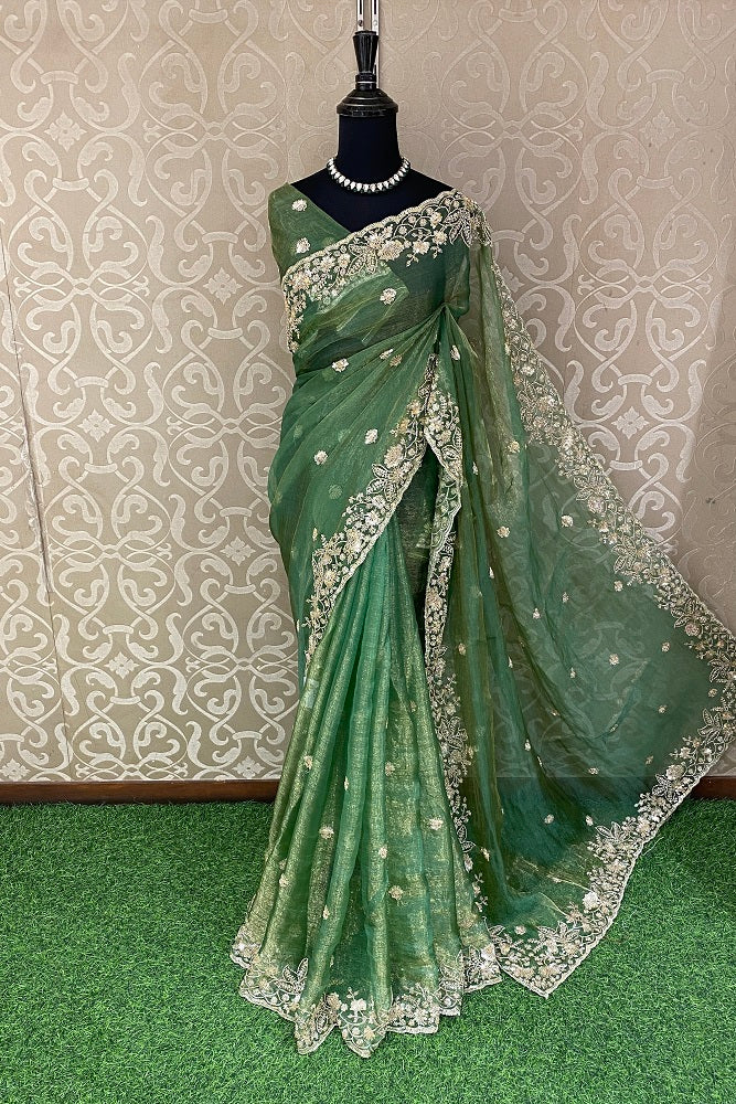 Green Tissue Organza Embroidery Saree, With Blouse