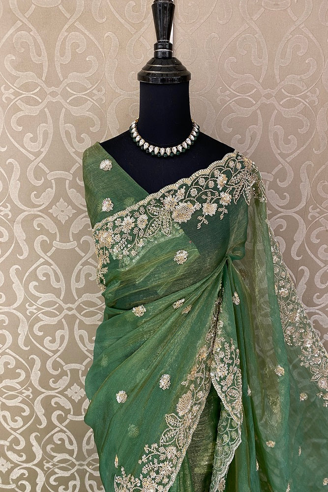 Green Tissue Organza Embroidery Saree, With Blouse