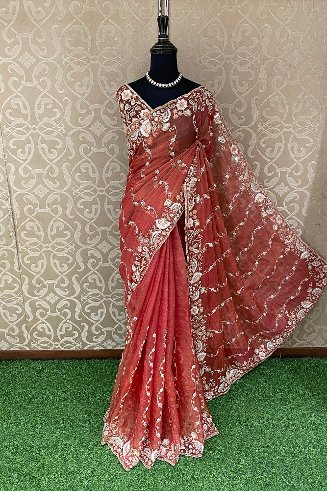 Rust Tissue Organza Embroidery Saree, With Blouse