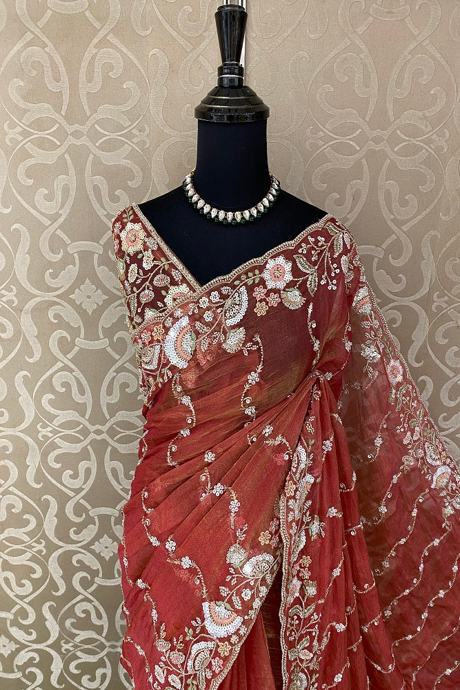 Rust Tissue Organza Embroidery Saree, With Blouse