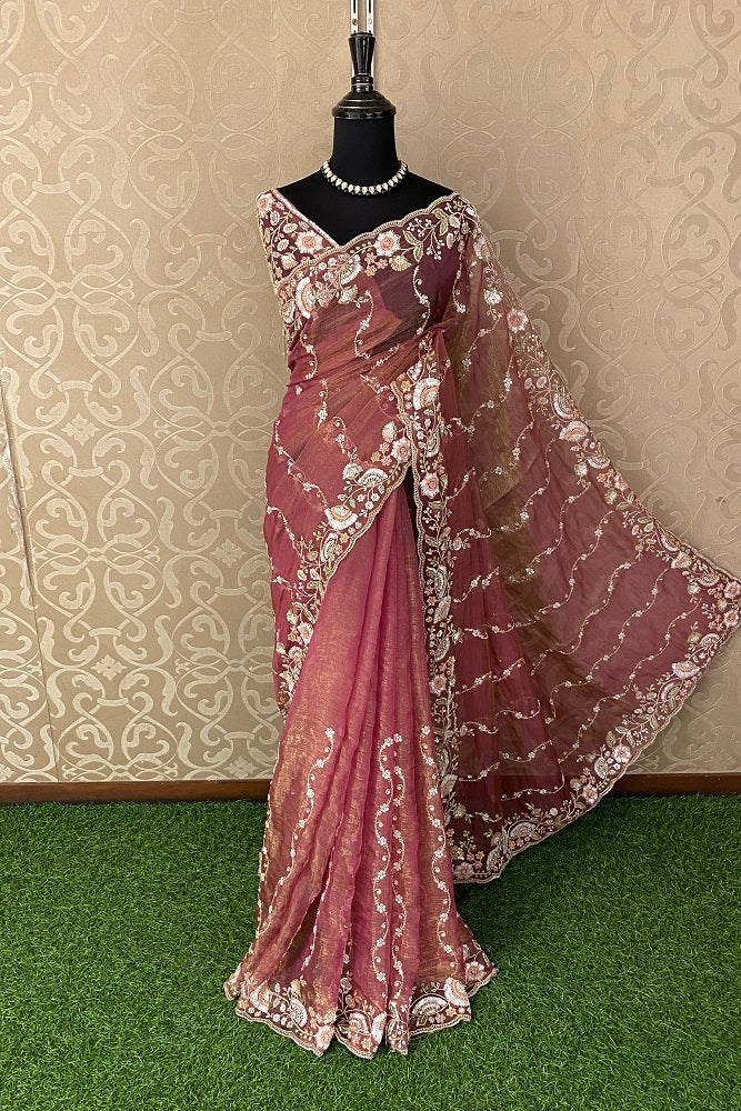Magenta Tissue Organza Embroidery Saree, With Blouse