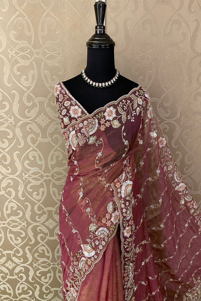Magenta Tissue Organza Embroidery Saree, With Blouse